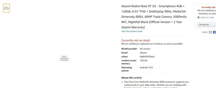 Redmi Note 9T Amazon Germania