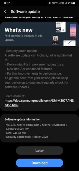 Galaxy M30S aggiornamento Android 11 ONE UI 3.1