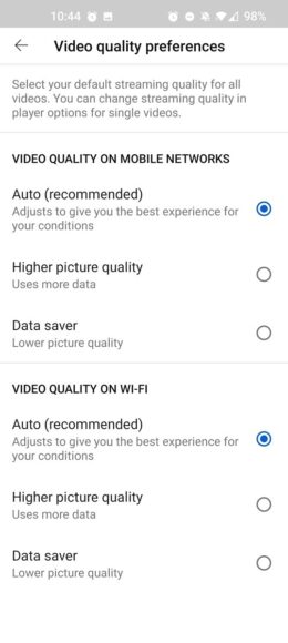 Youtube android regolazione generale qualità video
